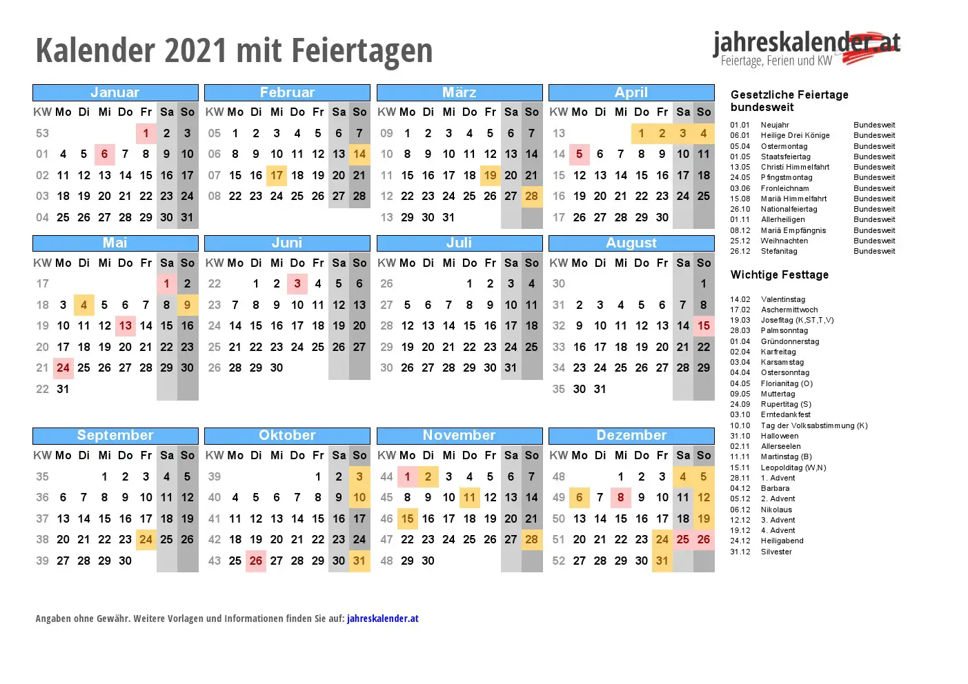 Jahreskalender 2021 mit Feiertagen Österreich