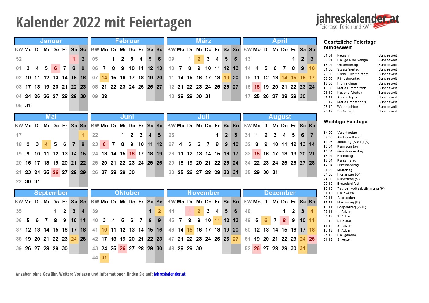 Kalender 2022 Osterreich Mit Feiertagen