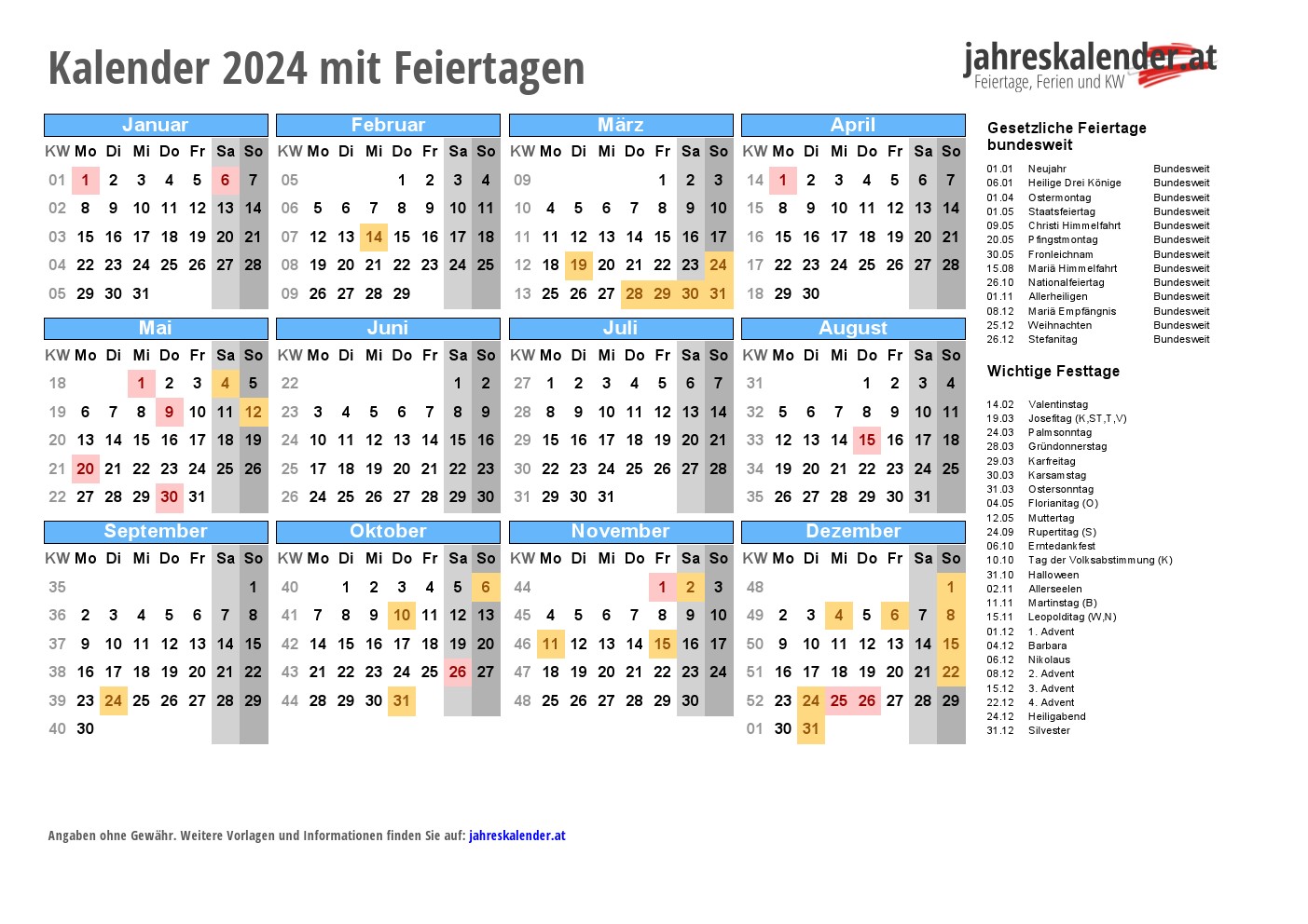 Kalender 2024 Österreich mit Feiertagen