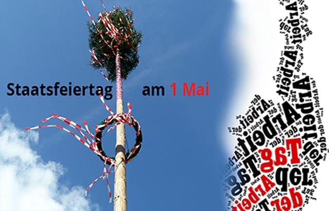 Staatsfeiertag - Ein Maibaum der auf einem Himmelhintergrund mit einer Landeswolke - Österreich die den Staatsfeiertag symbolisiert