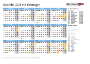 Kalender 2025 Österreich mit Feiertagen