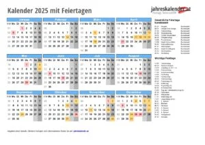 Kalender 2025 Österreich mit Feiertagen