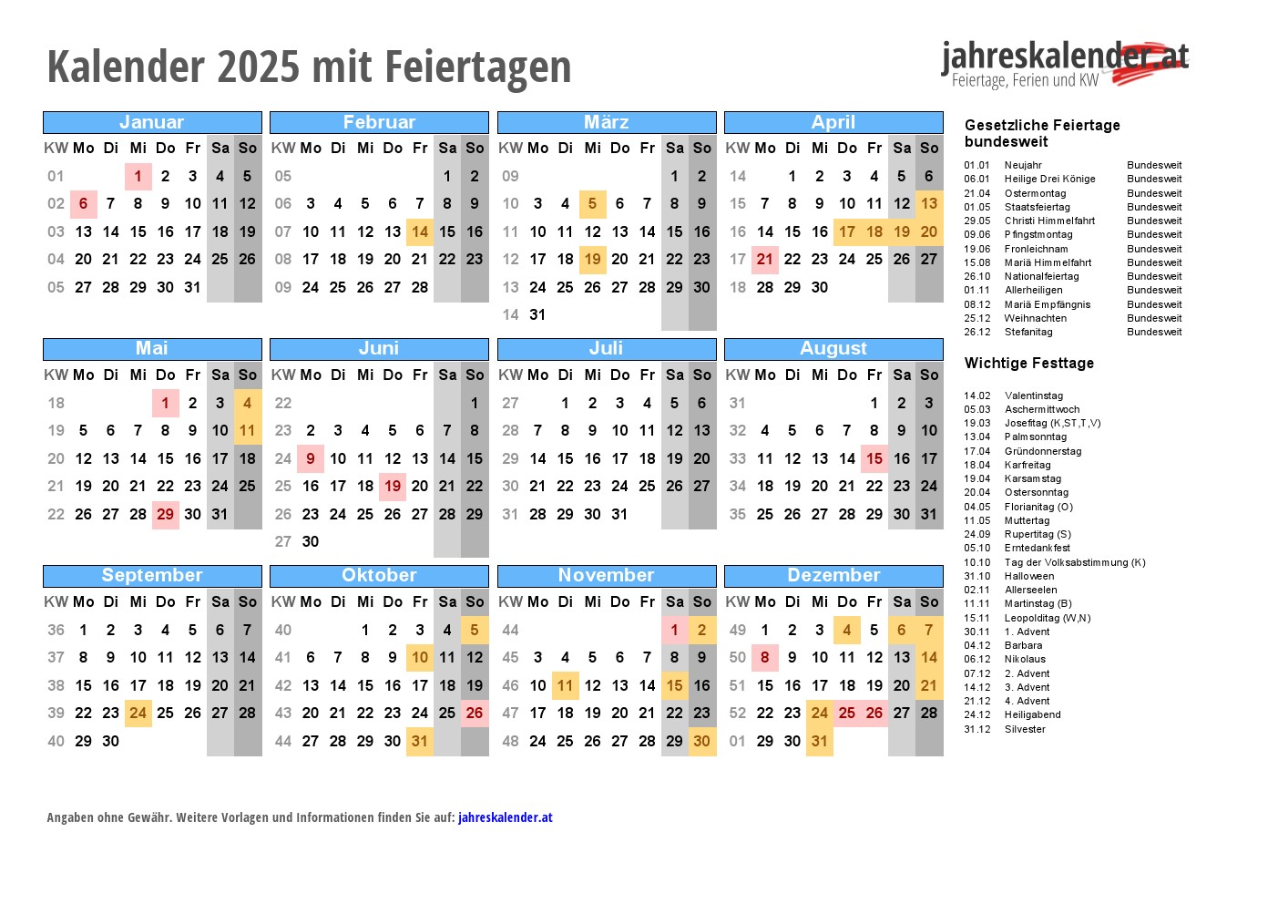 KALENDER 2025 Österreich Feiertage und Schulferien